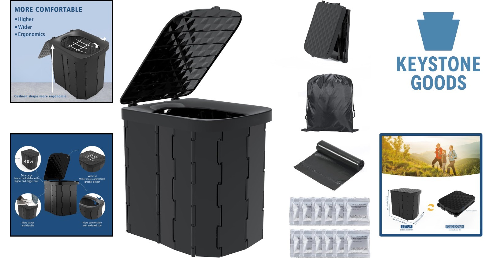 XL Portable Folding Camping Toilet with 12 Bags & Gel – Travel Potty for Adults