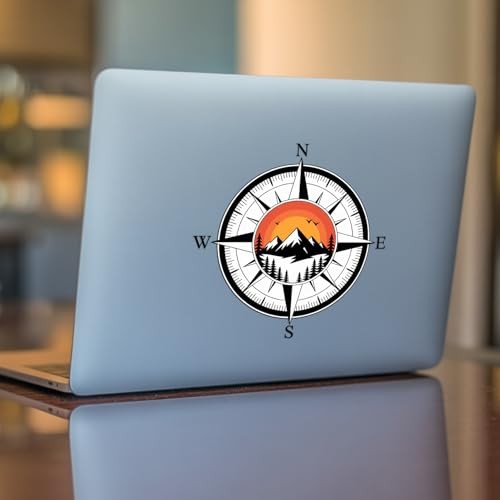 2 Pcs Compass Mountain Sunset Bumper Sticker UV DTF Decal Adventure Travel