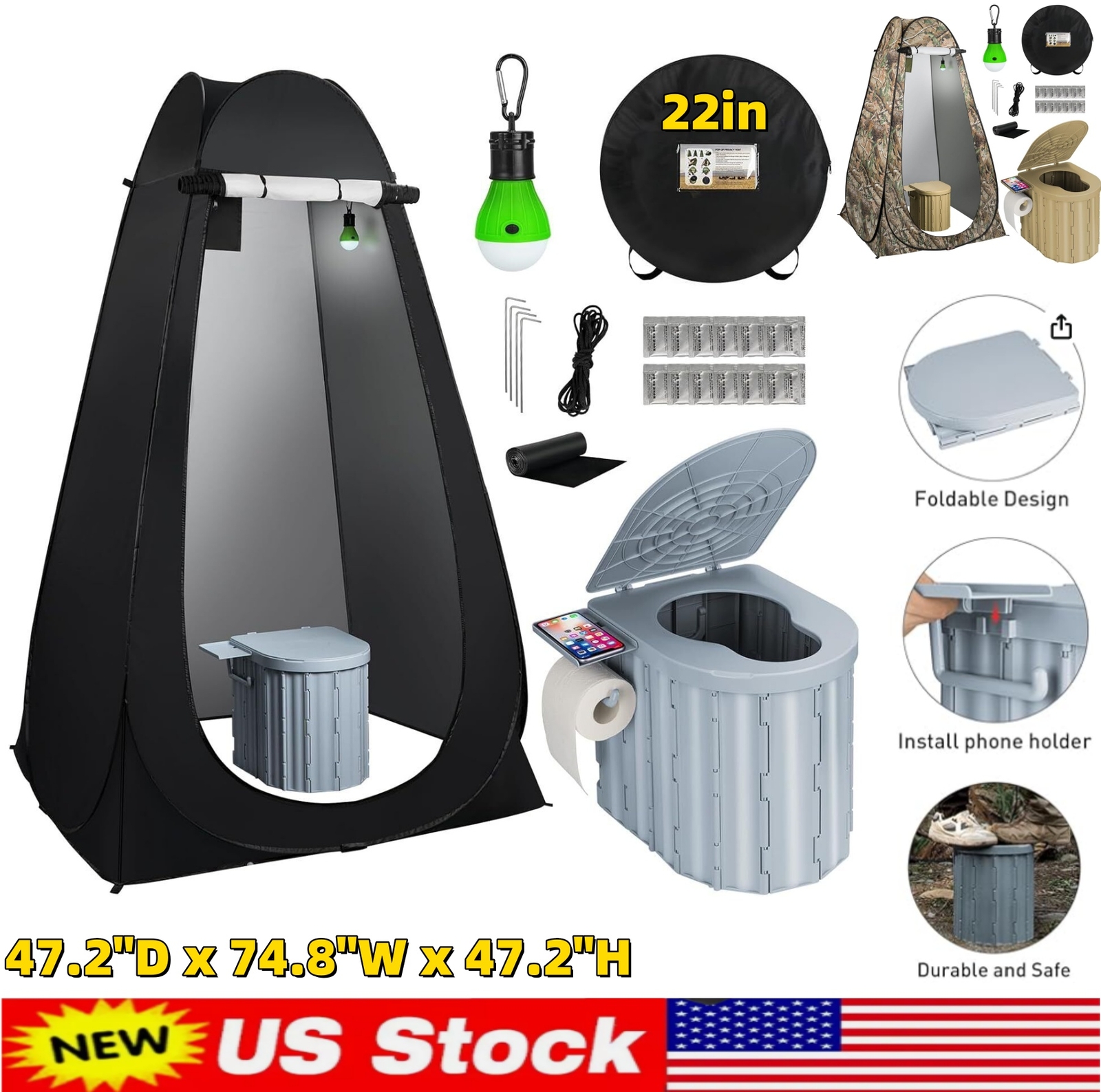 Outdoor Portable Toilet with Instant Pop Up Tent Privacy Camping Toilet Potty US