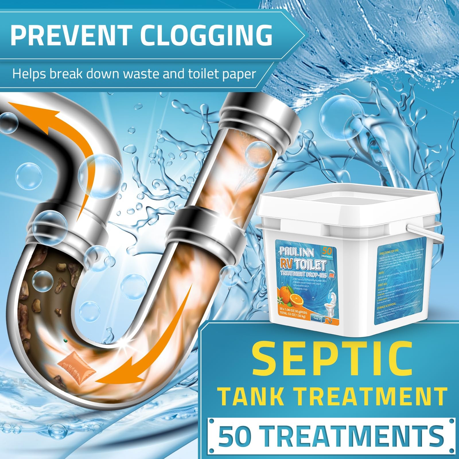 PAULINN RV Toilet Treatment Drop Ins, 50 Packs Septic Tank Treatment Pods Holdin
