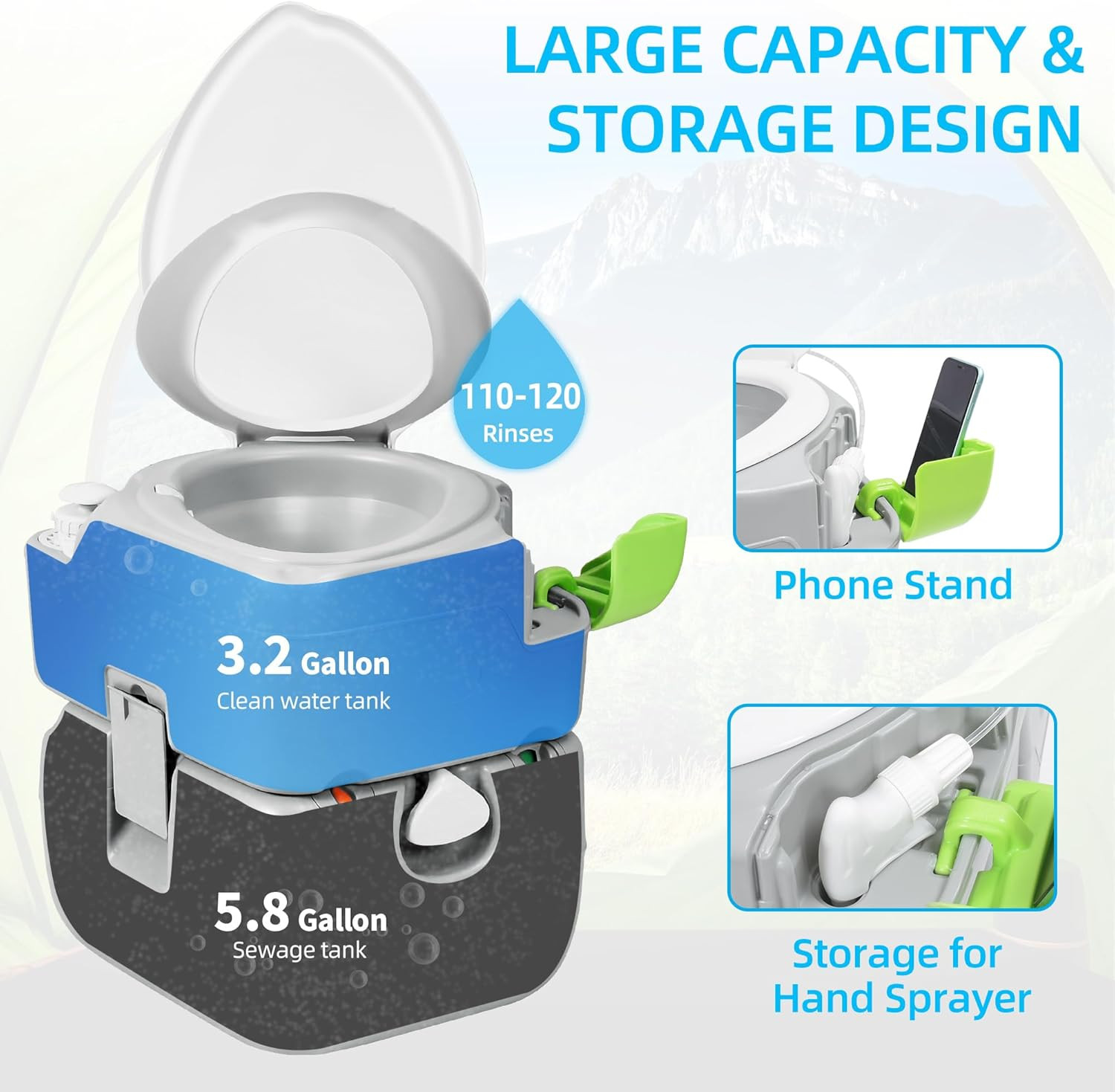 Portable Toilet Camping Porta Potty 5.8 Gallon with Diagonal Deepened and Enlarg