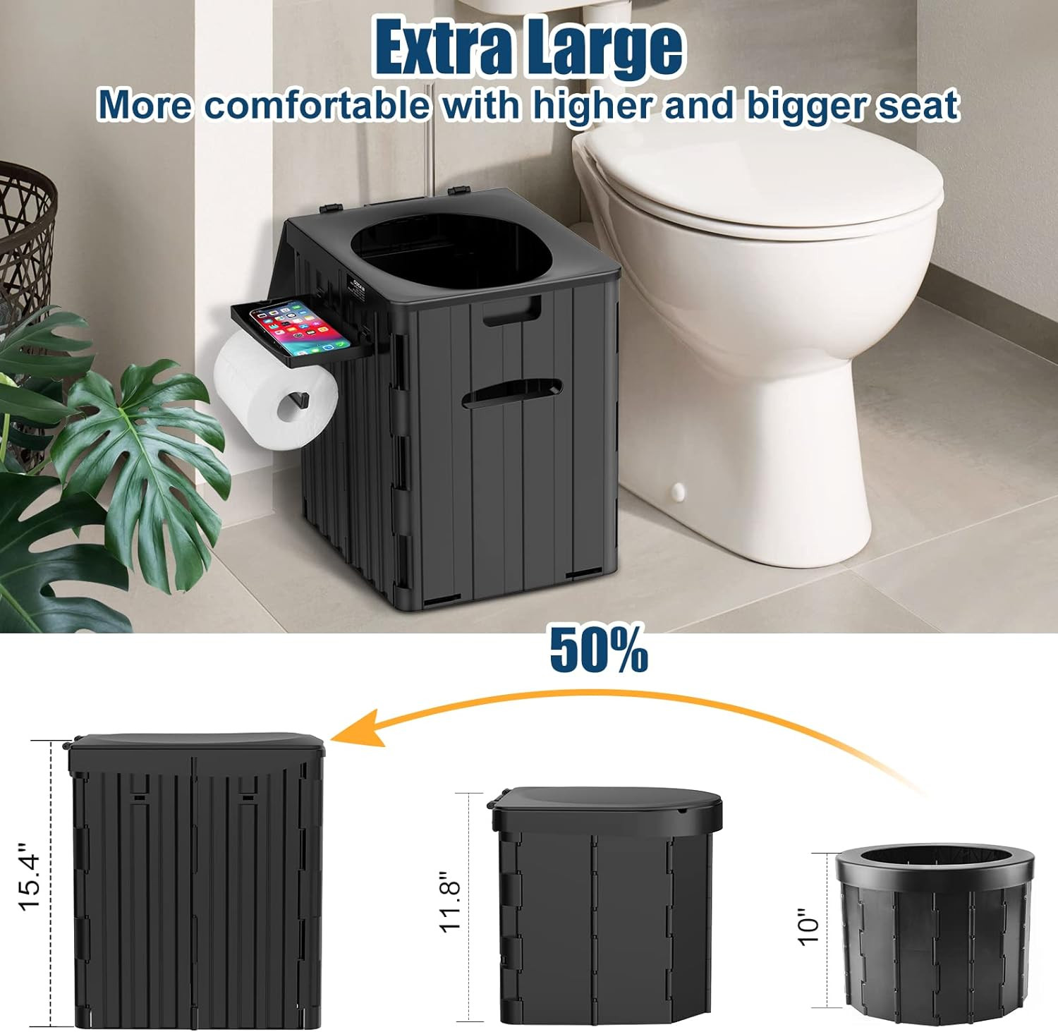 XL Portable Toilet for Adults, Extra Large 15.4″H Foldable Camping with Detachab