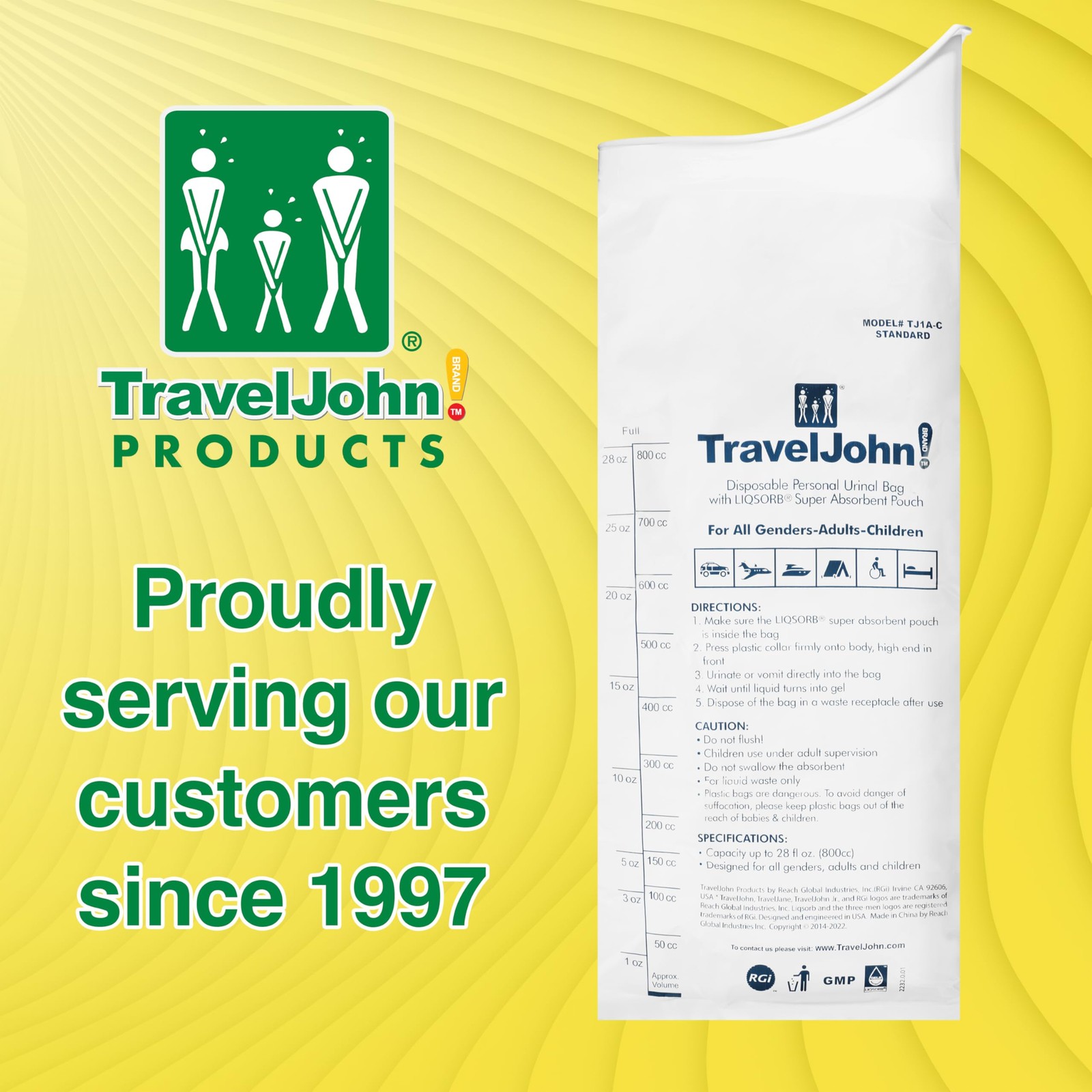 TravelJohn Disposable Urinal Bags 28oz (6 Pack) – 6 disposable bags, White