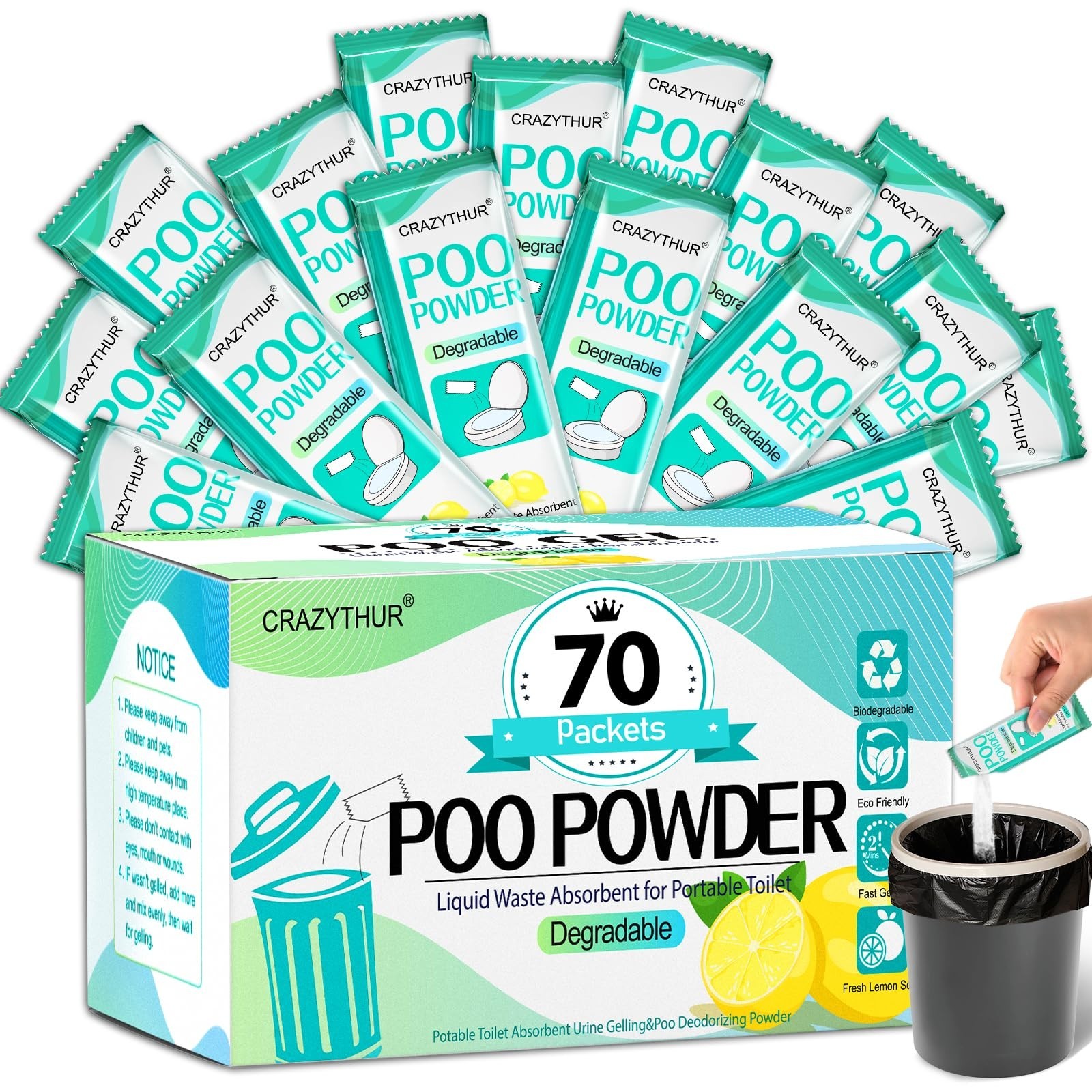 Portable Toilet Gel Powder – Poo & Pee Powder for Camping, Hiking, Outdoor Use