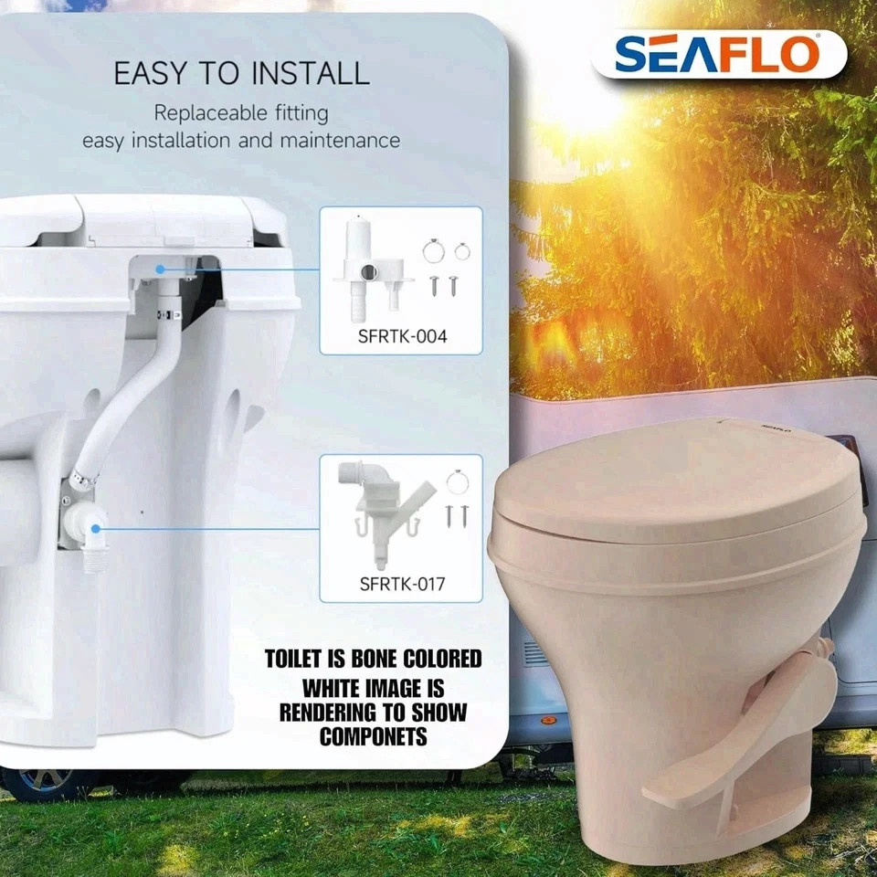 SEAFLO Bone-Colored Residential Height Camper/RV Toilet, 18.5” Gravity Flush,,