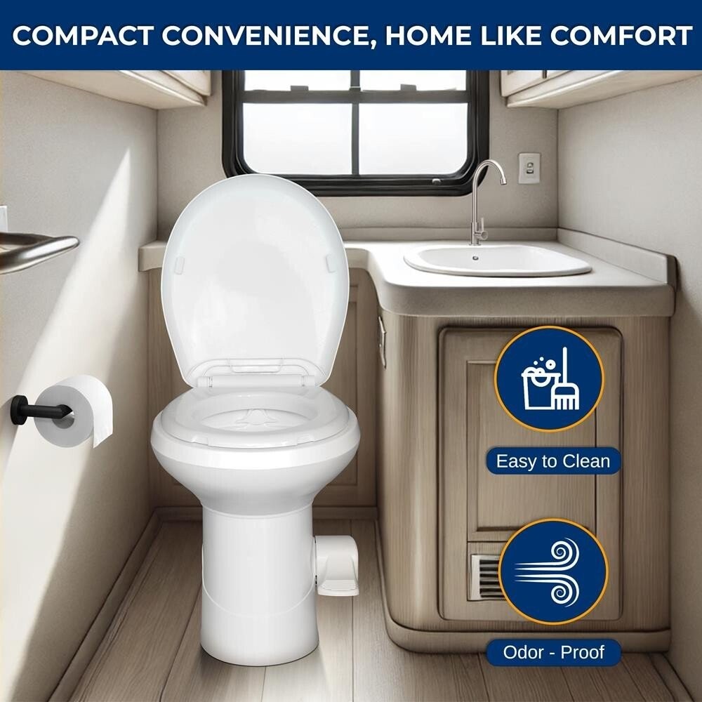 SereneLife RV Plastic Bowl Gravity Flush Toilet w/ Hose Connector, Hand Sprayer