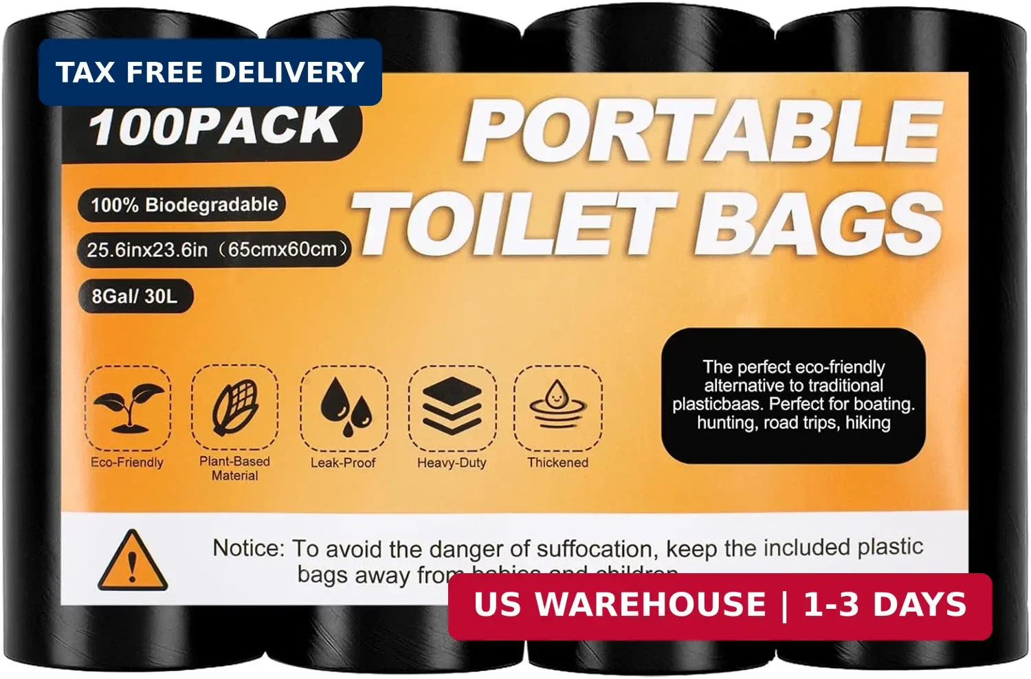 HXSEMAYIG 100PCS Portable Toilet Bags – 8 Gallon Camping Toilet Bags, Toilet Rep