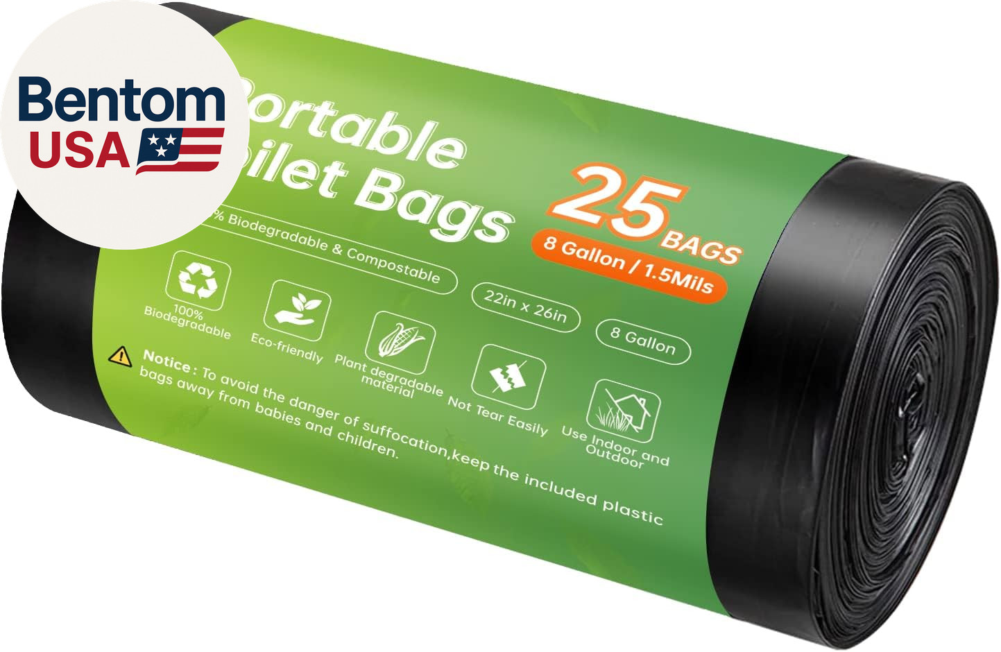 Portable Toilet Replacement Bags, 25 Count 8 Gallon 1.5 Mil Super Thickened Comp
