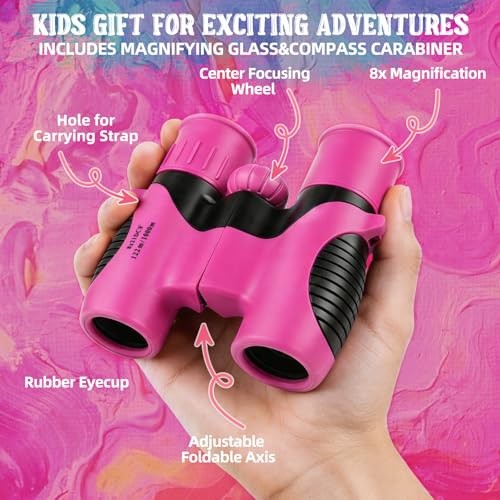 Portable 8×21 Binocular for Kids with Compass Carabiner&Magnifying Rose-Pink