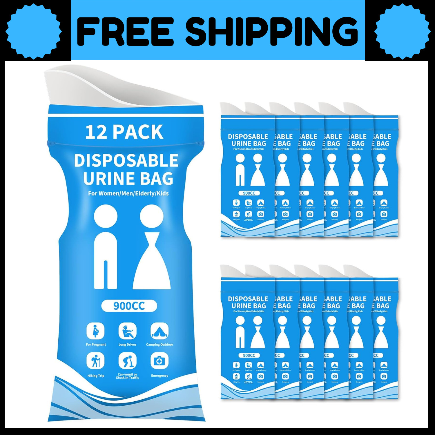 900ML Disposable Pee Bags 12PCS | Travel Urinal for Men Women Kids Camping
