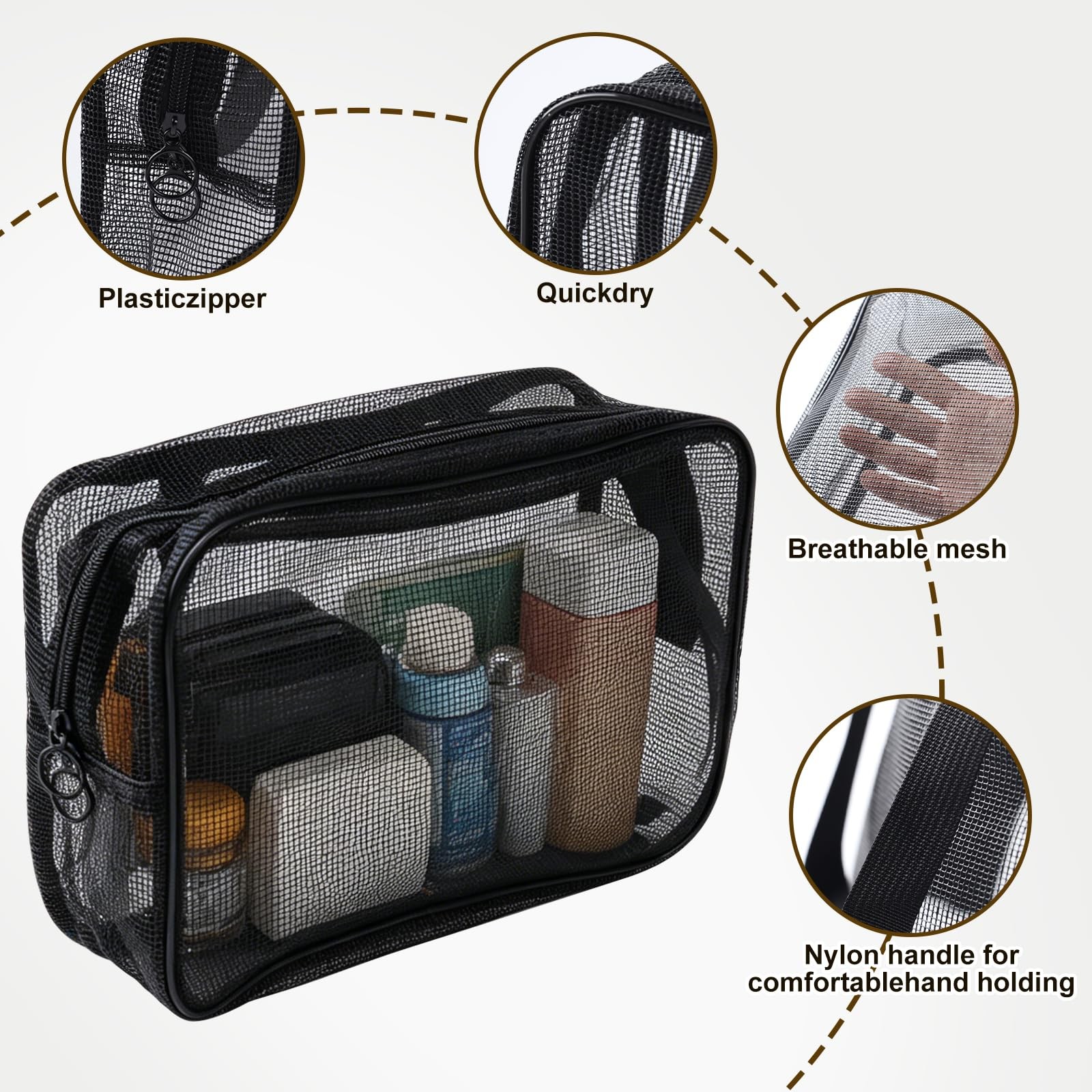 Qandora Mesh Shower Toiletry Caddy Bag Portable for Travel Gym Bathroom Black