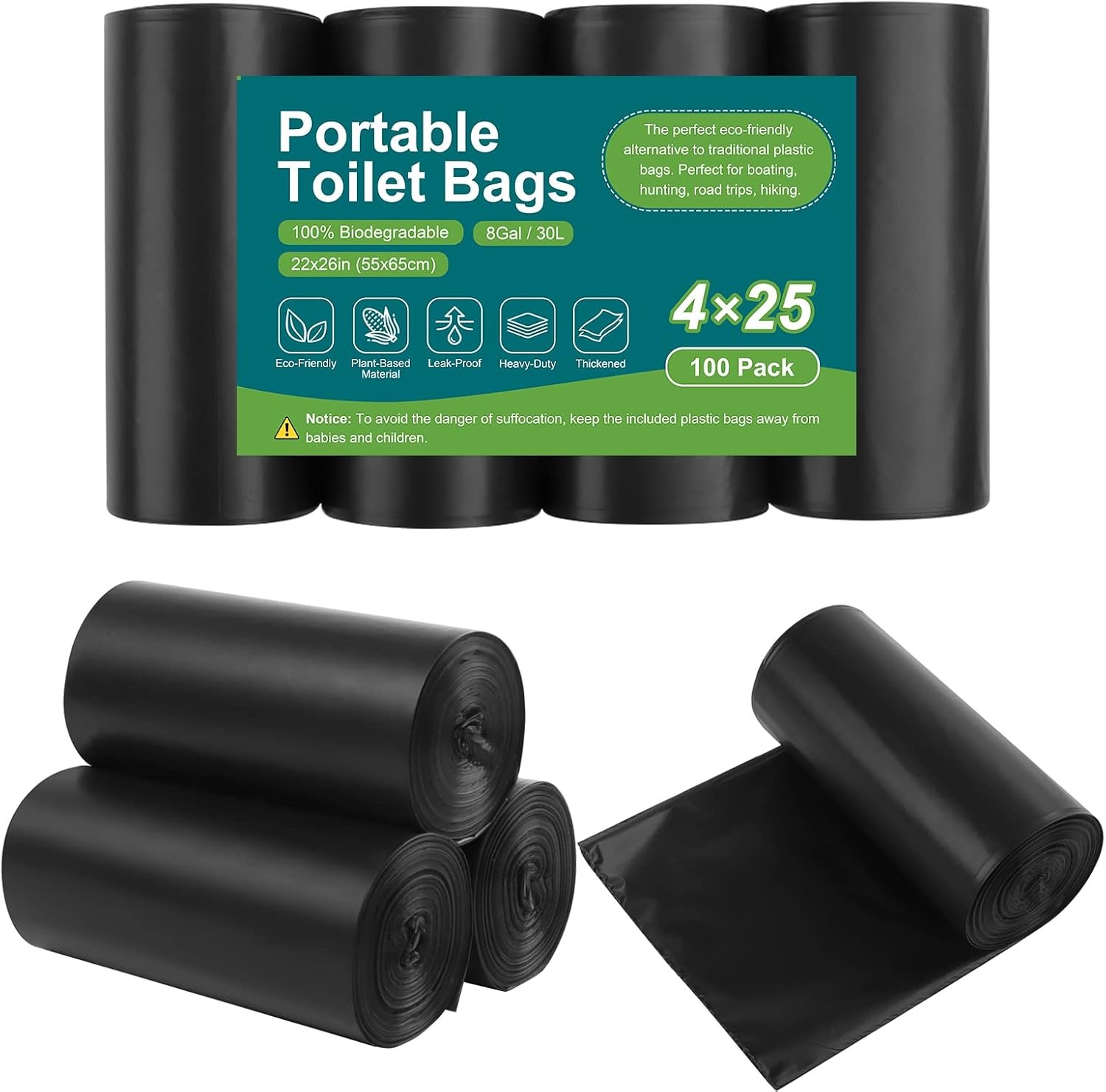 100 Portable Toilet Bags Drawstring Biodegradable Camping Potty Bags 8 Gallon