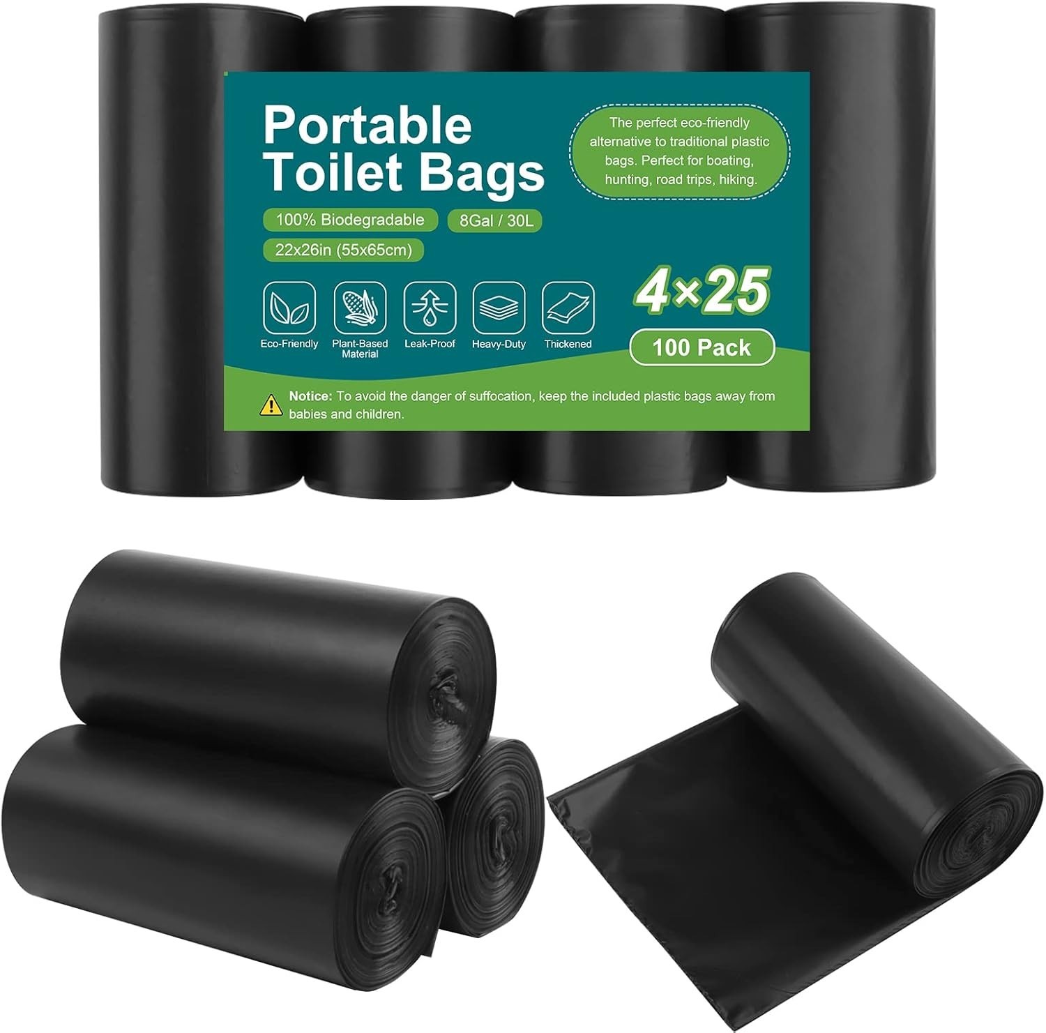 25Pc Portable Toilet Bags Drawstring Biodegradable Camping Potty Bags 8 Gallon
