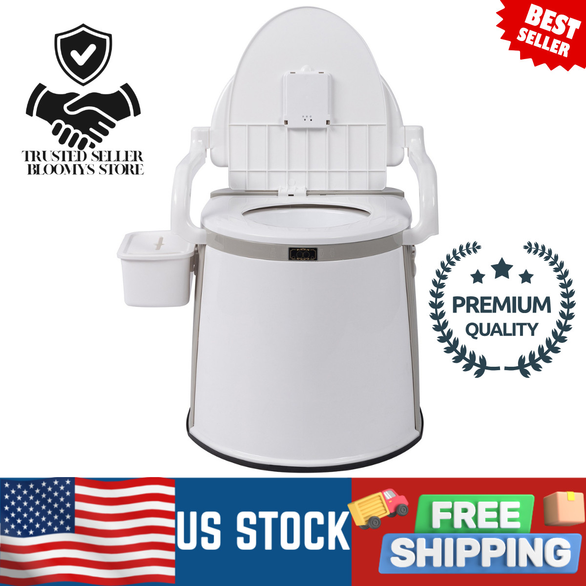 Portable Toilet Seat Commode Chair for Elderly Pregnant Camping RV with Handrail