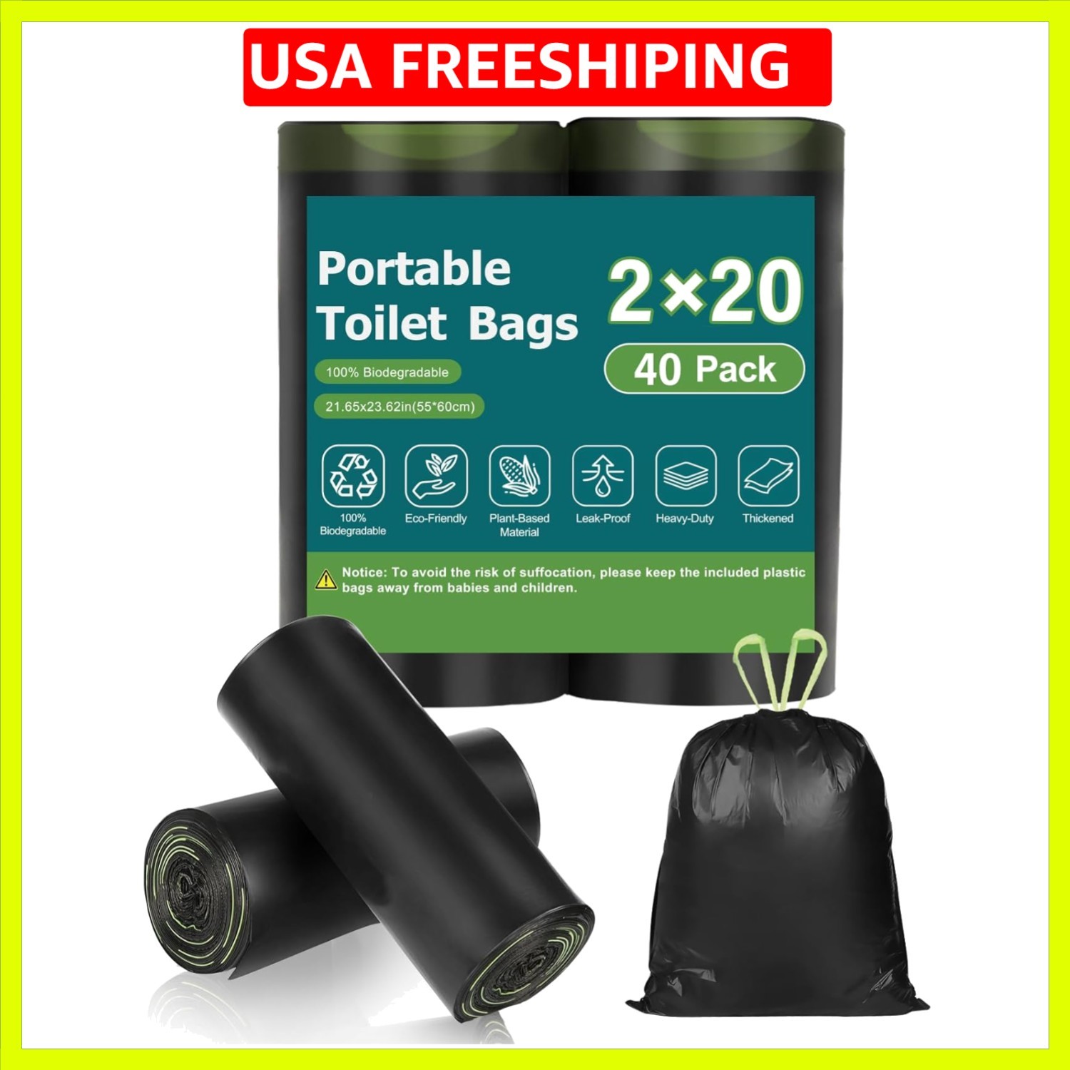 40 Portable Toilet Camping Toilet Bags, Biodegradable with Drawstring & Lemon…